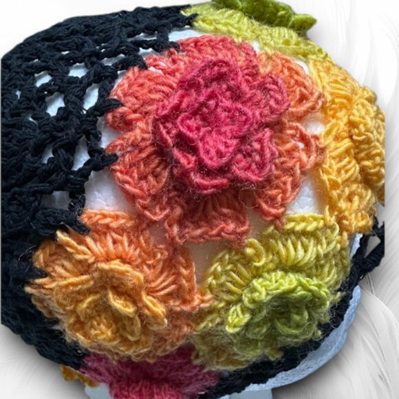Handmade Crochet Flower Beanie – Colorful Boho Knit Hat, Retro 70s Style - Picture 4 of 8